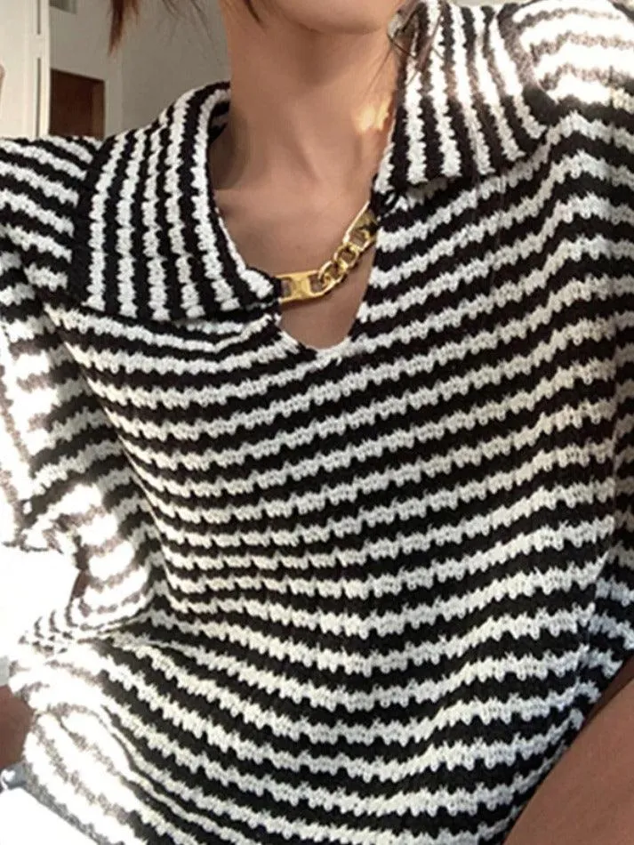 Joskaa Stripe Lapel Neck Chain Decor Sweater