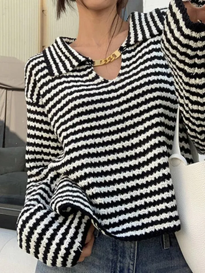 Joskaa Stripe Lapel Neck Chain Decor Sweater