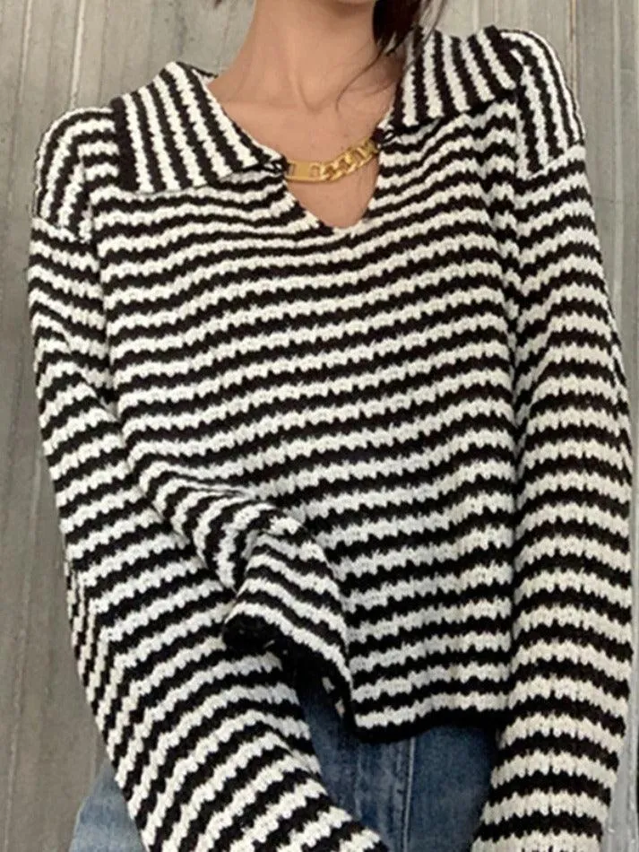 Joskaa Stripe Lapel Neck Chain Decor Sweater