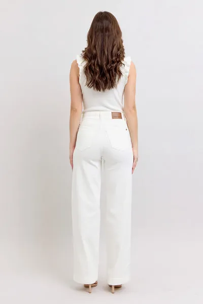 Judy Blue High Waist Double Button Waistband & Coin Pocket Embroidery Wide Leg Denim Jeans 88969