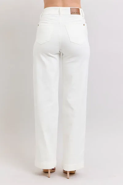 Judy Blue High Waist Double Button Waistband & Coin Pocket Embroidery Wide Leg Denim Jeans 88969