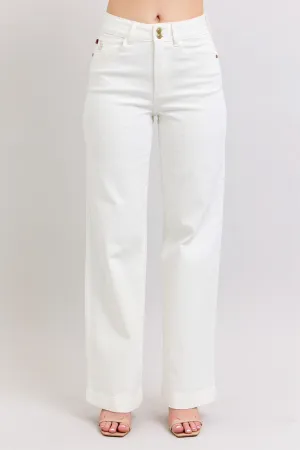 Judy Blue High Waist Double Button Waistband & Coin Pocket Embroidery Wide Leg Denim Jeans 88969