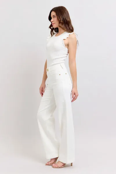 Judy Blue High Waist Double Button Waistband & Coin Pocket Embroidery Wide Leg Denim Jeans 88969