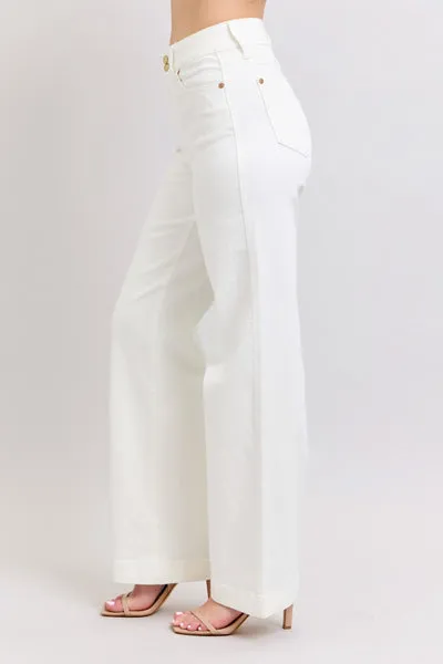 Judy Blue High Waist Double Button Waistband & Coin Pocket Embroidery Wide Leg Denim Jeans 88969