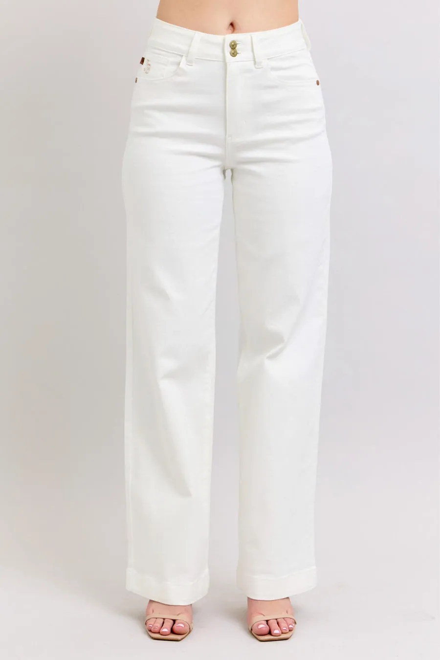 Judy Blue High Waist Double Button Waistband & Coin Pocket Embroidery Wide Leg Denim Jeans 88969