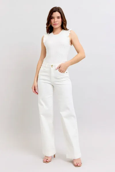 Judy Blue High Waist Double Button Waistband & Coin Pocket Embroidery Wide Leg Denim Jeans 88969