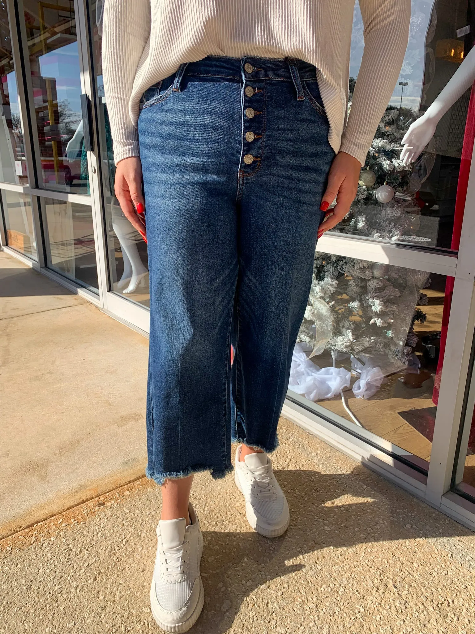 Judy Blue Medium Wash High Waisted Button Fly Destroyed Hem Wide Leg Crop (R)