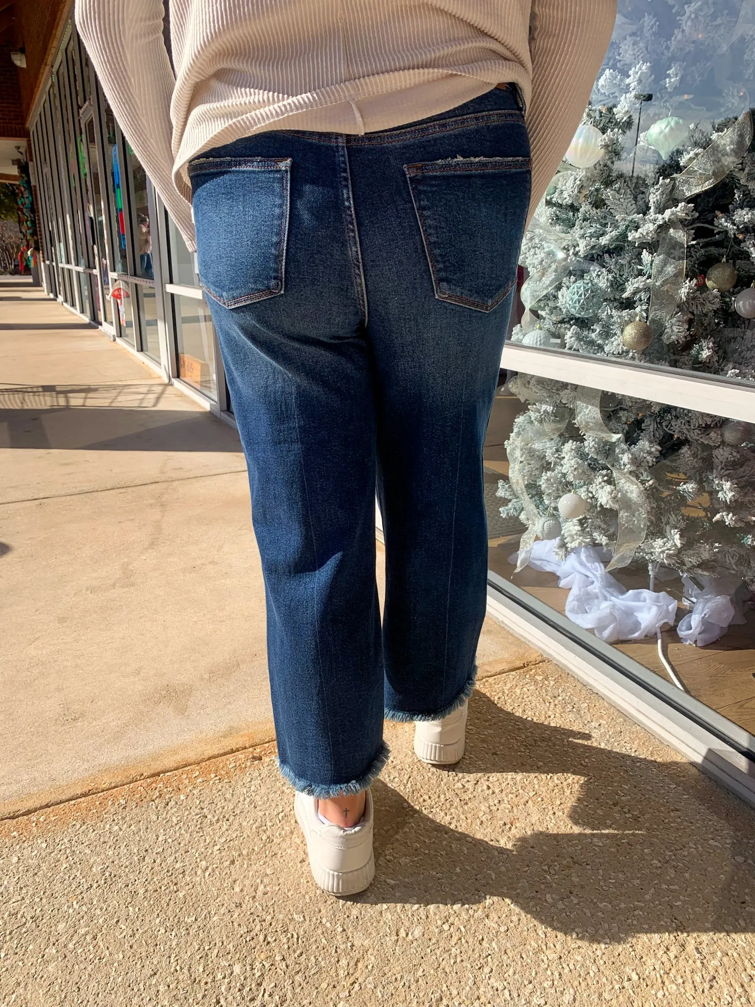 Judy Blue Medium Wash High Waisted Button Fly Destroyed Hem Wide Leg Crop (R)