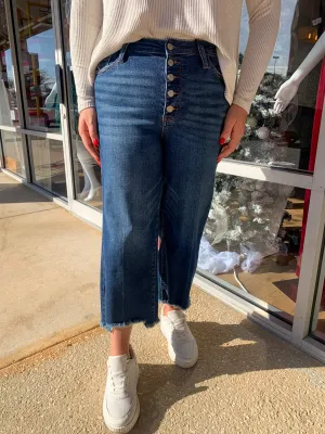 Judy Blue Medium Wash High Waisted Button Fly Destroyed Hem Wide Leg Crop (R)