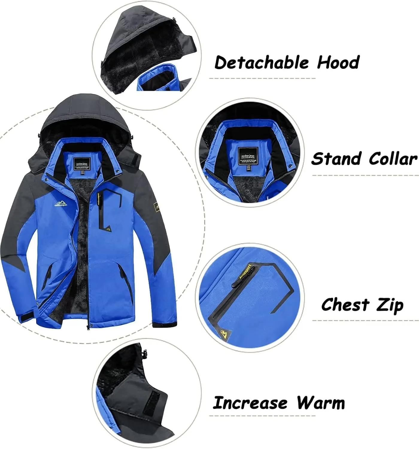 KEFITEVD Men's Waterproof Ski Snow Jacket Snowboarding Jackets Windproof Fleece Warm Heavy Hooded Coat Mountain Rain Jacket