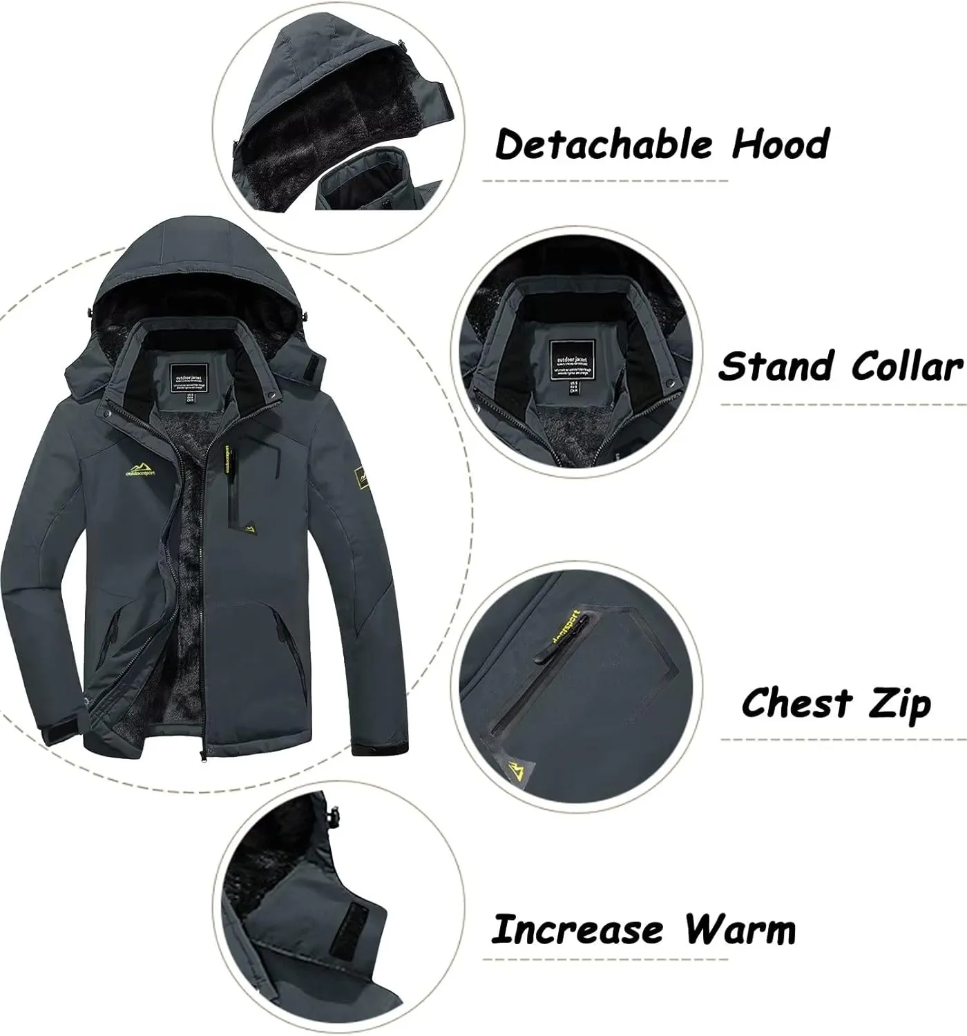 KEFITEVD Men's Waterproof Ski Snow Jacket Snowboarding Jackets Windproof Fleece Warm Heavy Hooded Coat Mountain Rain Jacket