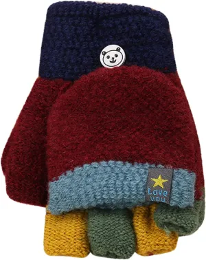 Kids Fingerless Gloves Convertible Flip Top Fleece Gloves Winter Warm Knit Half Finger Mitten for Boy (Wine, One Size)