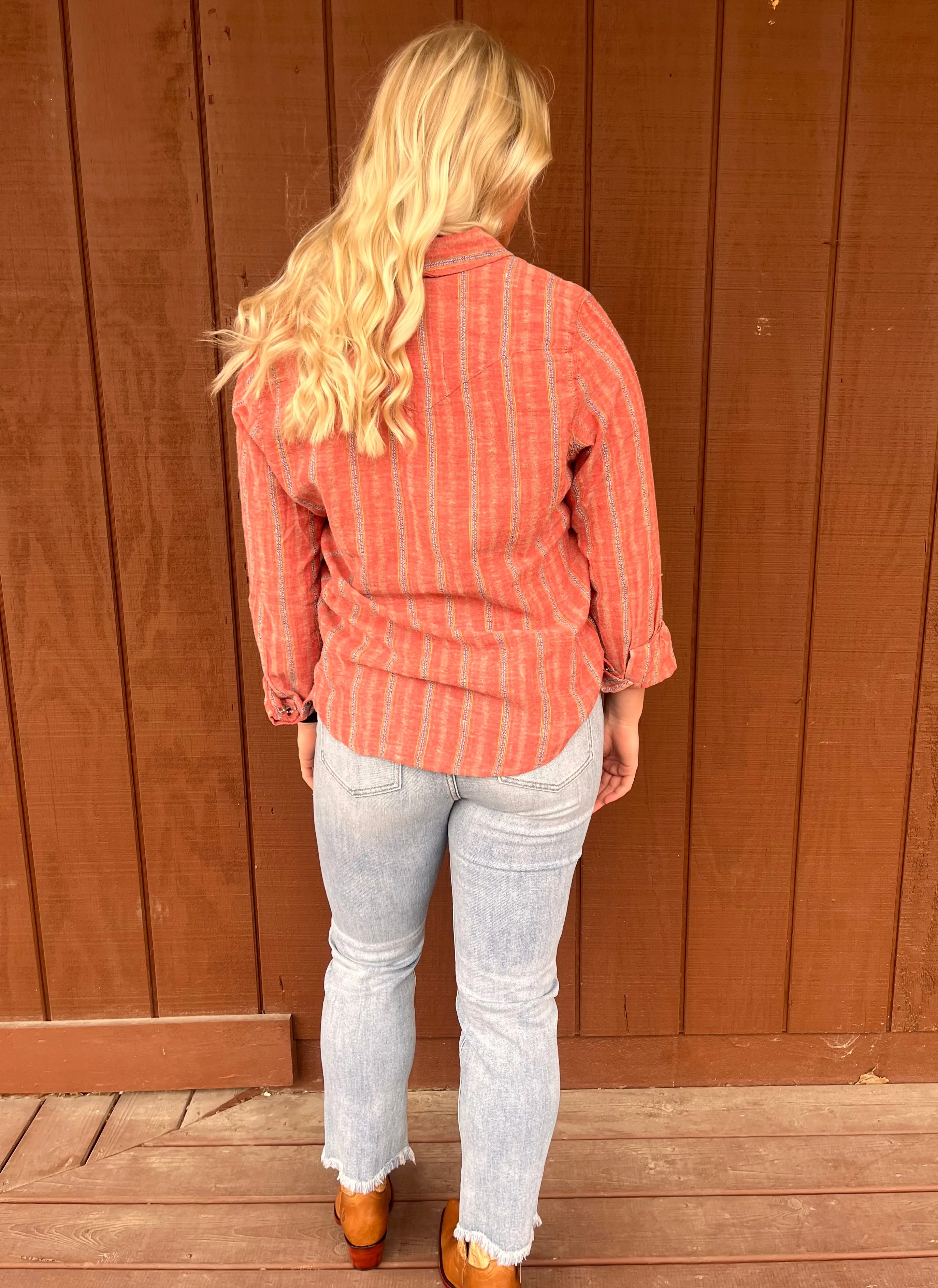 Kimes Ranch Women's Red Ingram Stripe Collared Snap Up Long Sleeve Western Shirt