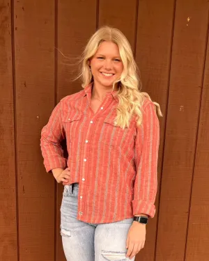Kimes Ranch Women's Red Ingram Stripe Collared Snap Up Long Sleeve Western Shirt