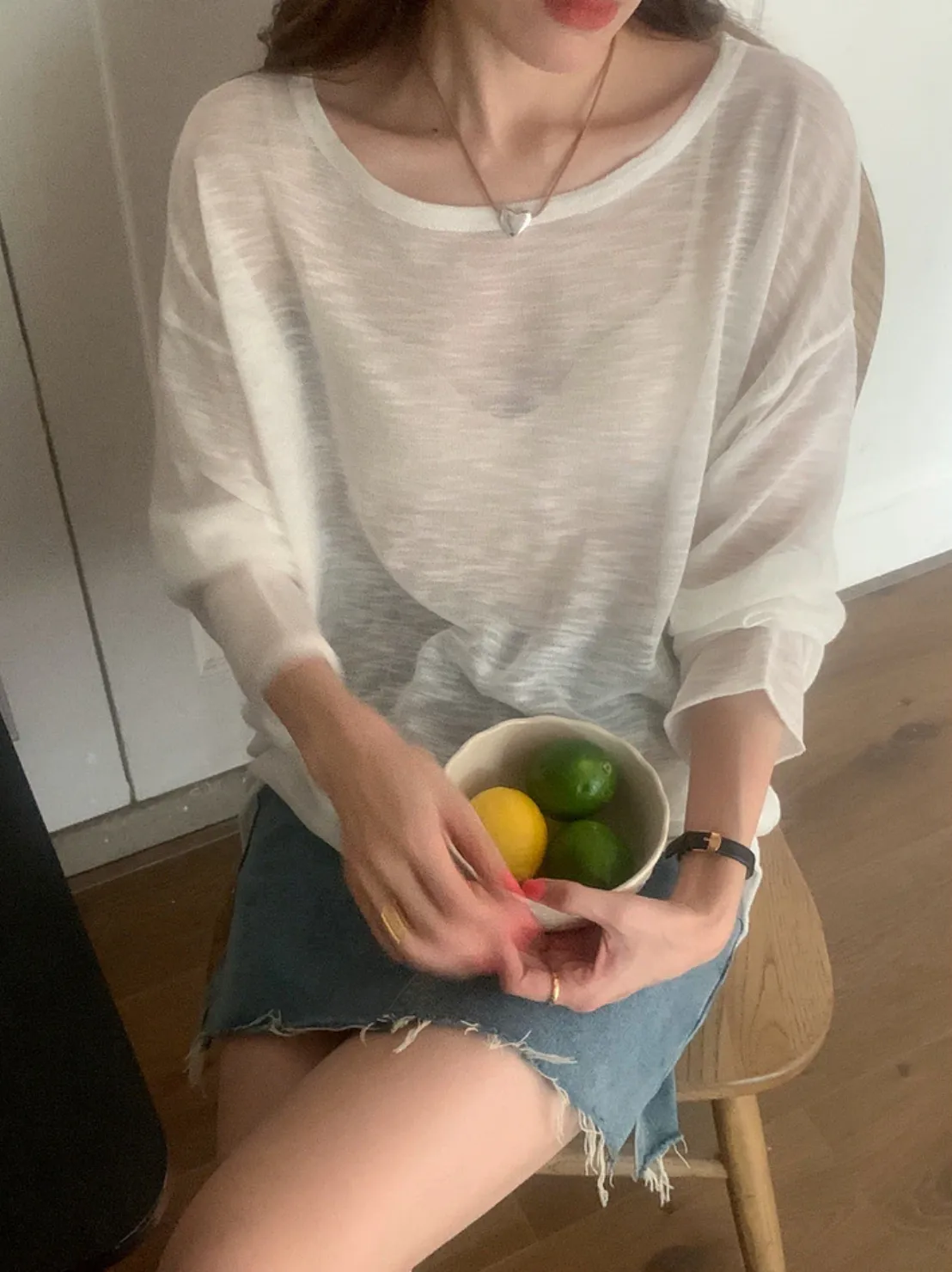 [Korean Style] Basic Loose Fit Open Edge See-through T-shirt