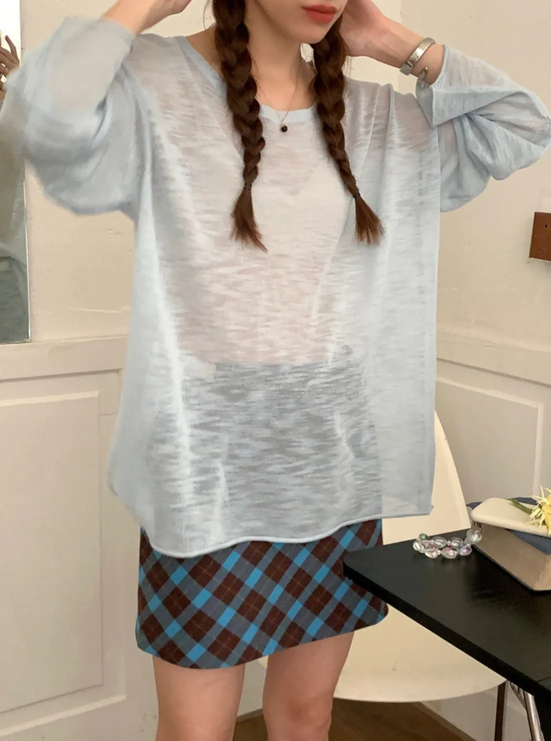 [Korean Style] Basic Loose Fit Open Edge See-through T-shirt
