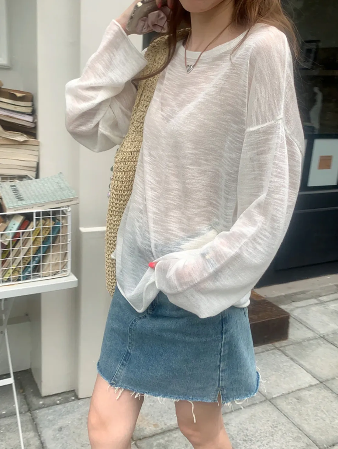 [Korean Style] Basic Loose Fit Open Edge See-through T-shirt