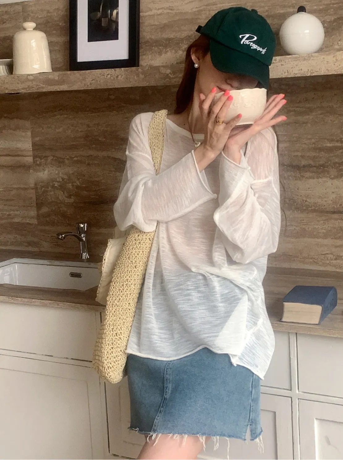 [Korean Style] Basic Loose Fit Open Edge See-through T-shirt