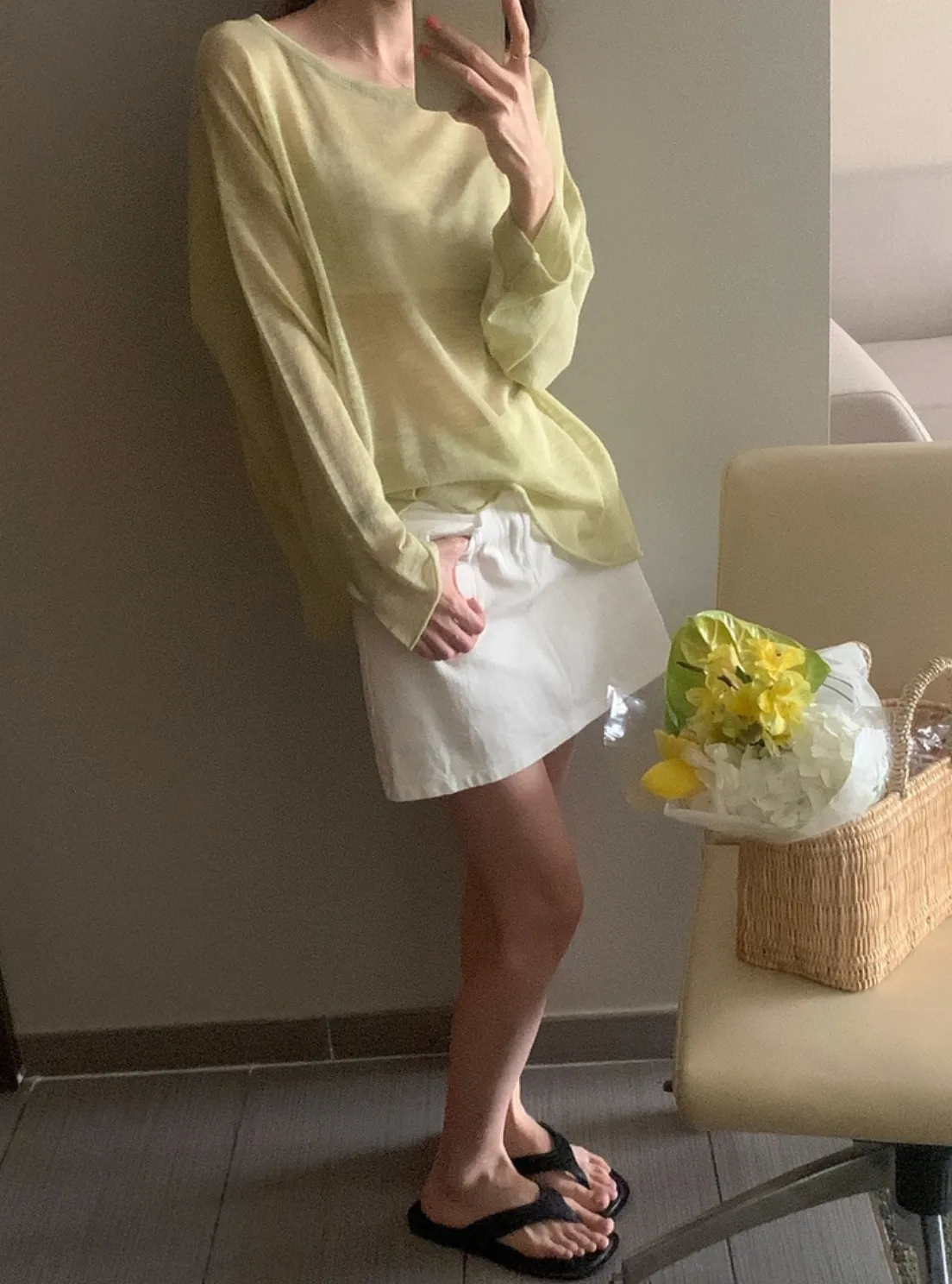 [Korean Style] Basic Loose Fit Open Edge See-through T-shirt