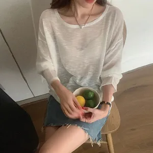 [Korean Style] Basic Loose Fit Open Edge See-through T-shirt