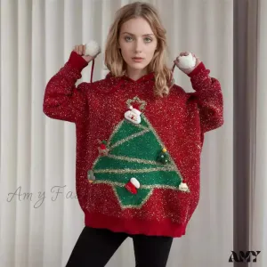 Korean Style Christmas Tree Hooded Loose Ugly Casual Knitwear Sweater