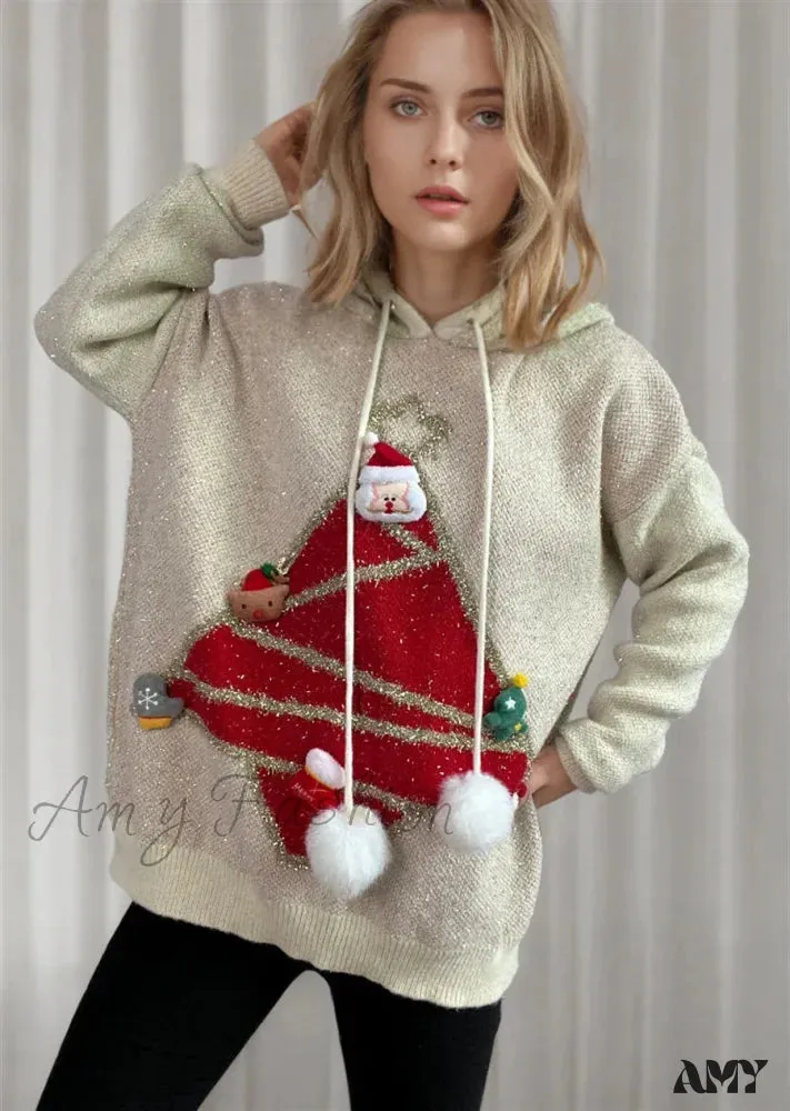 Korean Style Christmas Tree Hooded Loose Ugly Casual Knitwear Sweater