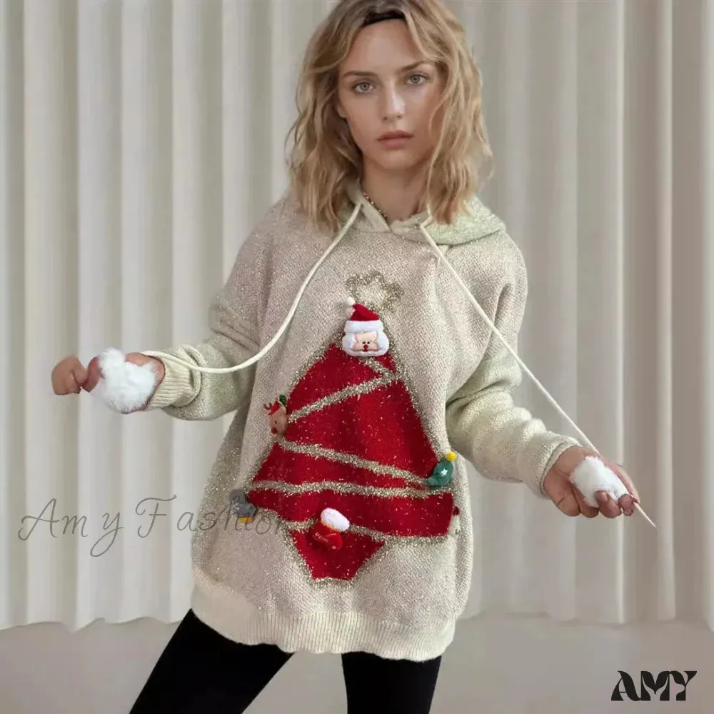 Korean Style Christmas Tree Hooded Loose Ugly Casual Knitwear Sweater