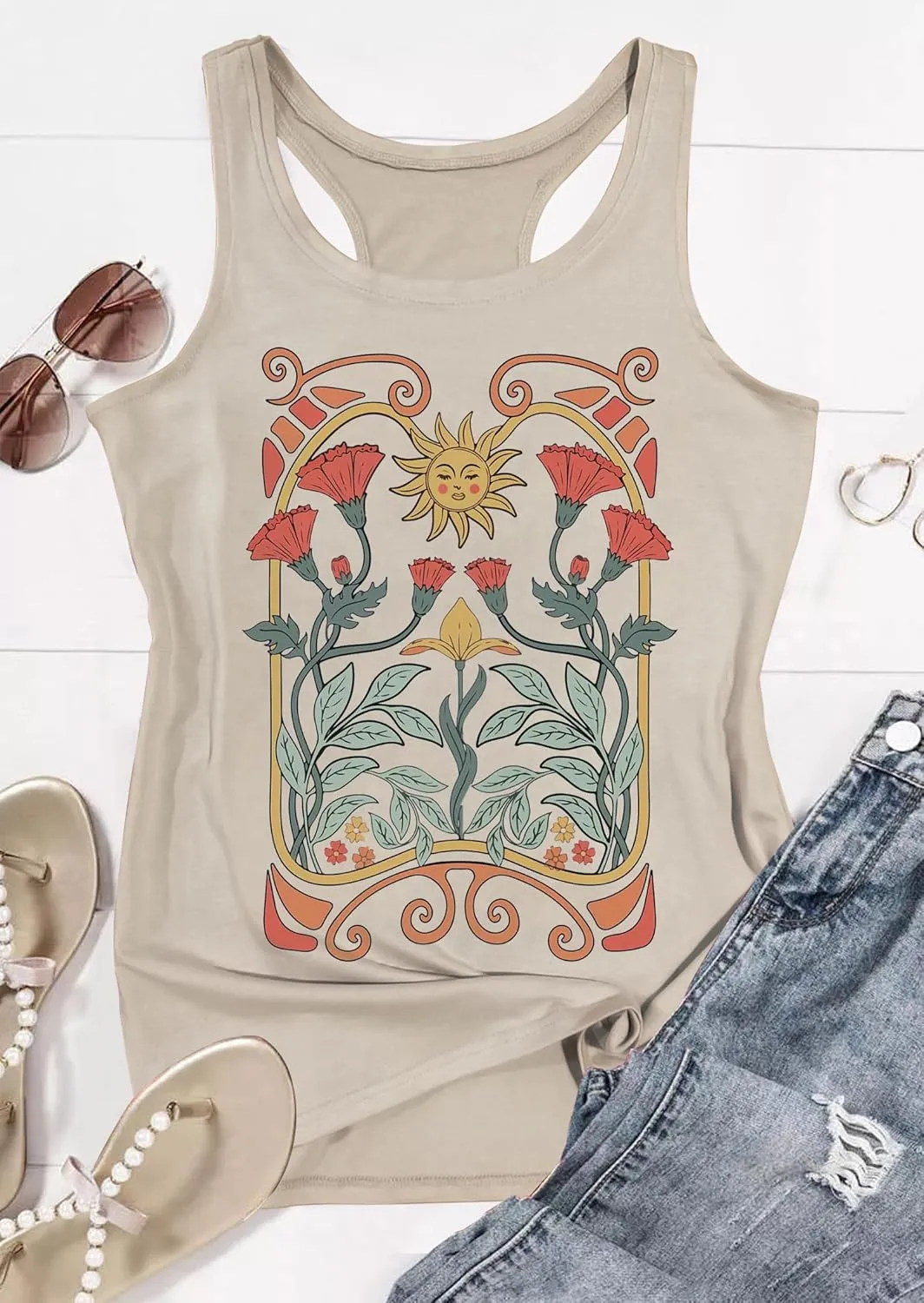 LANMERTREE Womens Vintage Graphic Racerback Tank Tops Floral Graphic Sleeveless Summer Basic Casual Loose Muscle Vest