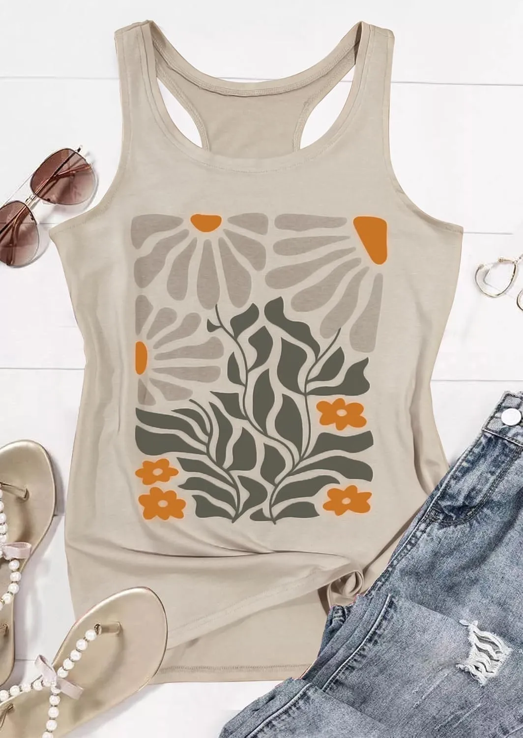 LANMERTREE Womens Vintage Graphic Racerback Tank Tops Floral Graphic Sleeveless Summer Basic Casual Loose Muscle Vest