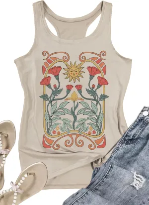 LANMERTREE Womens Vintage Graphic Racerback Tank Tops Floral Graphic Sleeveless Summer Basic Casual Loose Muscle Vest