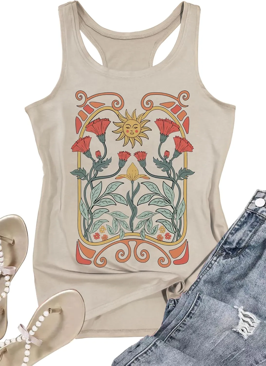 LANMERTREE Womens Vintage Graphic Racerback Tank Tops Floral Graphic Sleeveless Summer Basic Casual Loose Muscle Vest