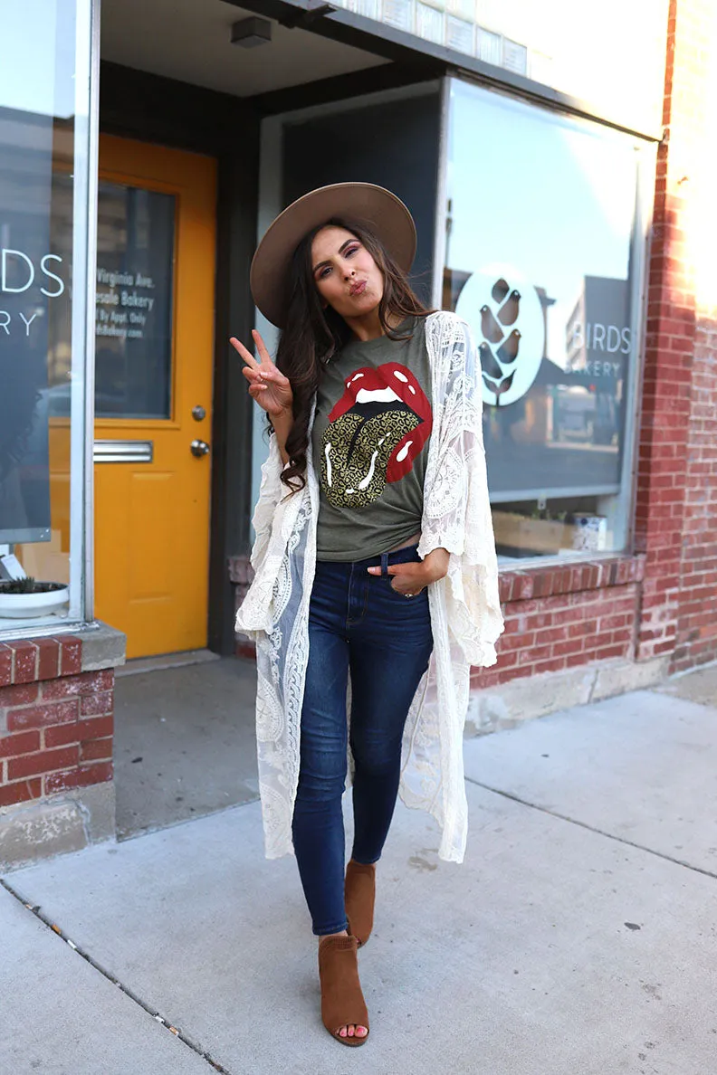 Leopard Lip Rocker Graphic Tee - Olive