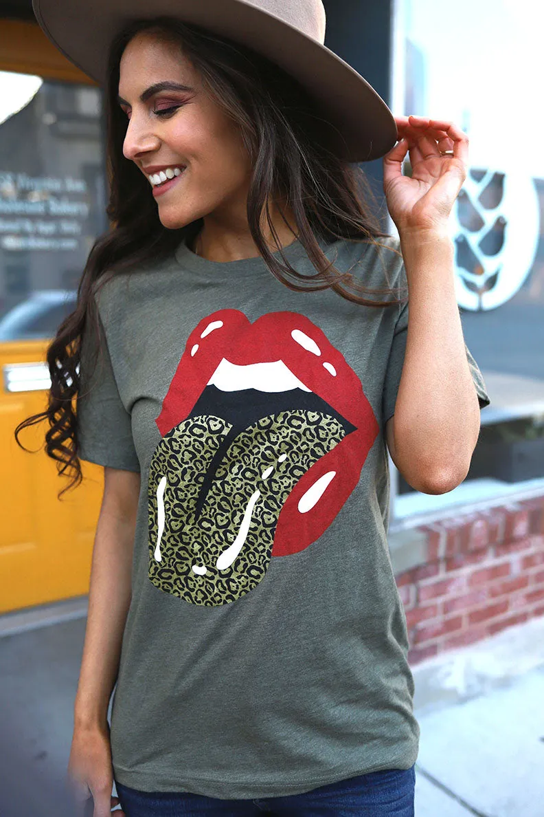 Leopard Lip Rocker Graphic Tee - Olive