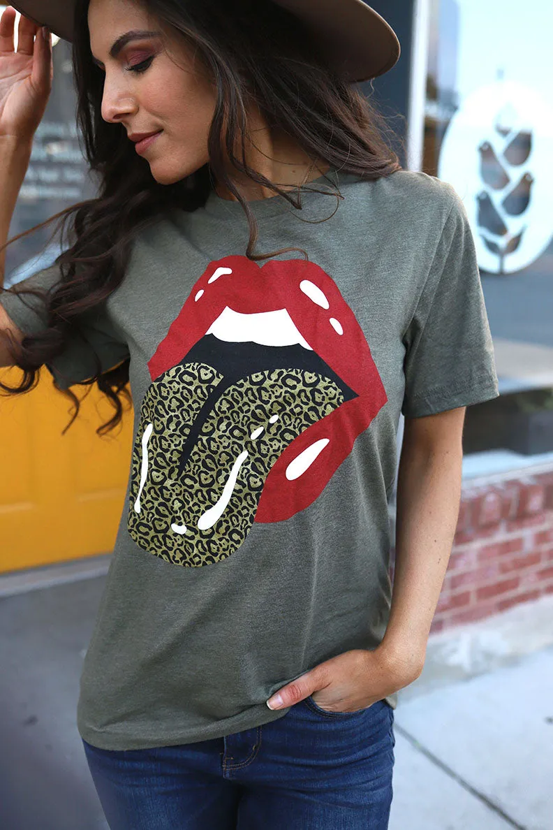 Leopard Lip Rocker Graphic Tee - Olive