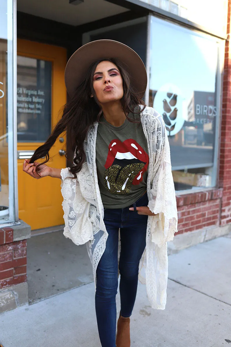 Leopard Lip Rocker Graphic Tee - Olive