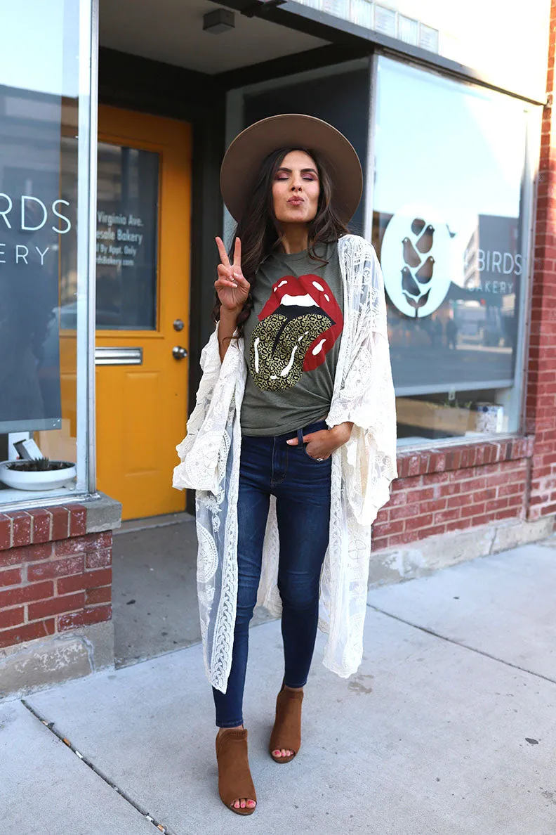 Leopard Lip Rocker Graphic Tee - Olive
