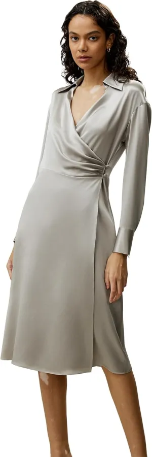 LilySilk 22 Momme 100% Mulberry Silk Wrap Dress Collared Formal Midi Length Formal Style Timeless Dress for Ladies