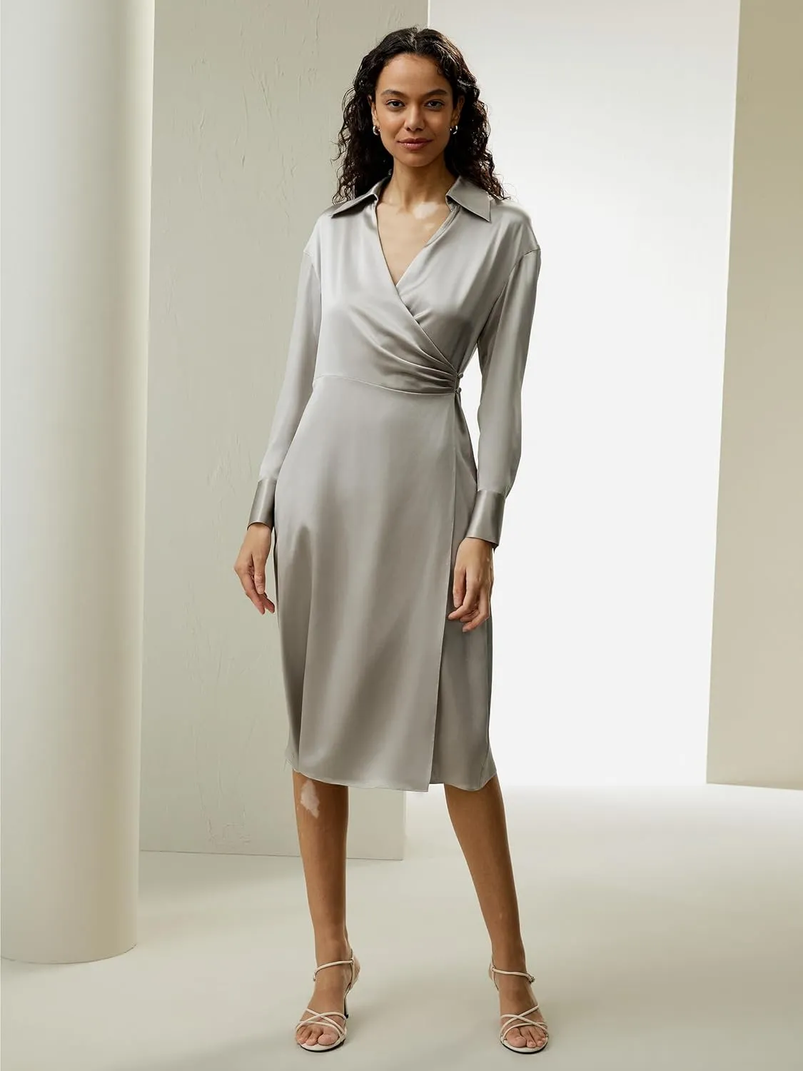 LilySilk 22 Momme 100% Mulberry Silk Wrap Dress Collared Formal Midi Length Formal Style Timeless Dress for Ladies