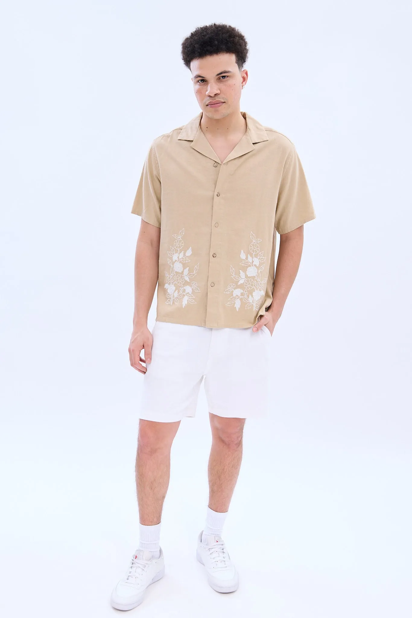 Linen-Blend Embroidered Short Sleeve Button-Up Shirt