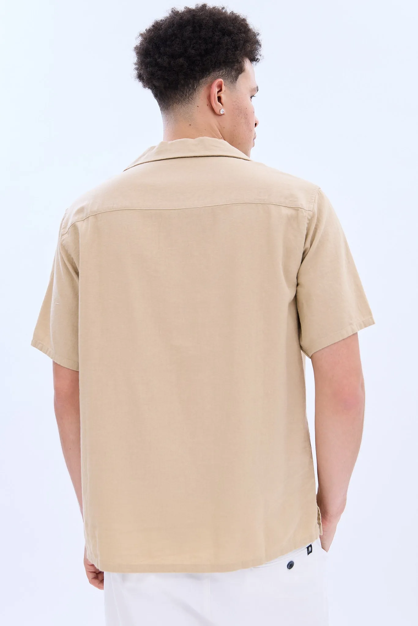 Linen-Blend Embroidered Short Sleeve Button-Up Shirt