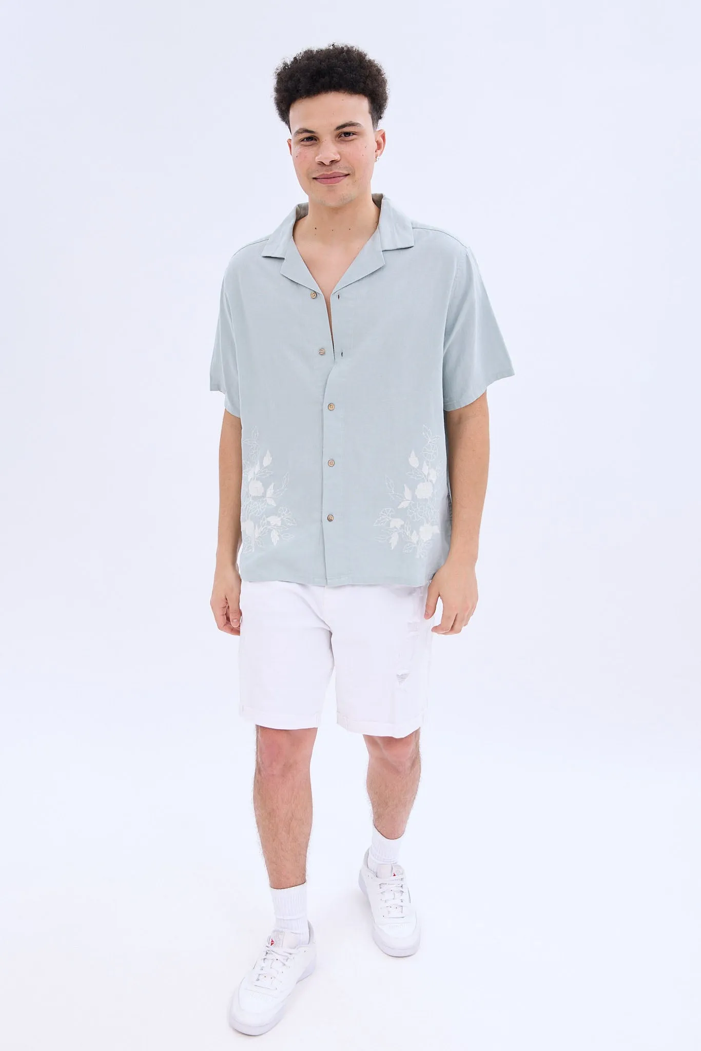 Linen-Blend Embroidered Short Sleeve Button-Up Shirt