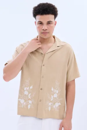 Linen-Blend Embroidered Short Sleeve Button-Up Shirt