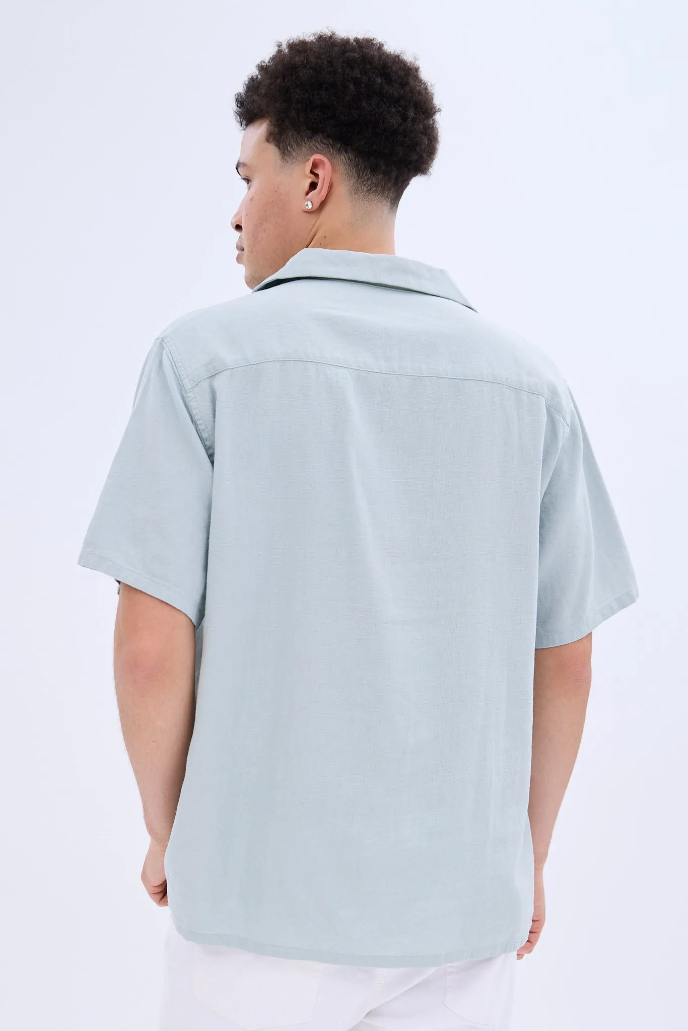 Linen-Blend Embroidered Short Sleeve Button-Up Shirt