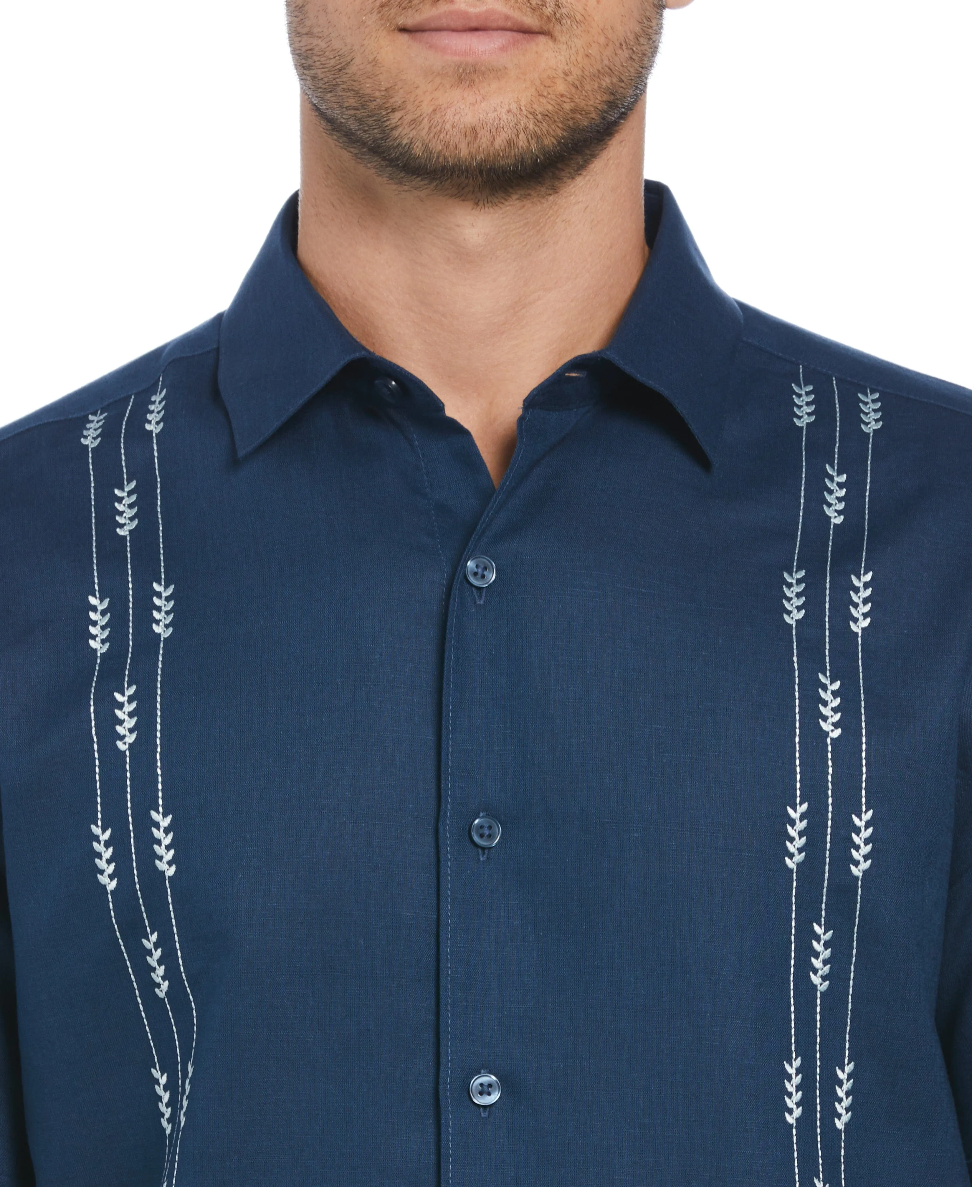 Linen Blend Leaf Embroidery Panel Guayabera Shirt