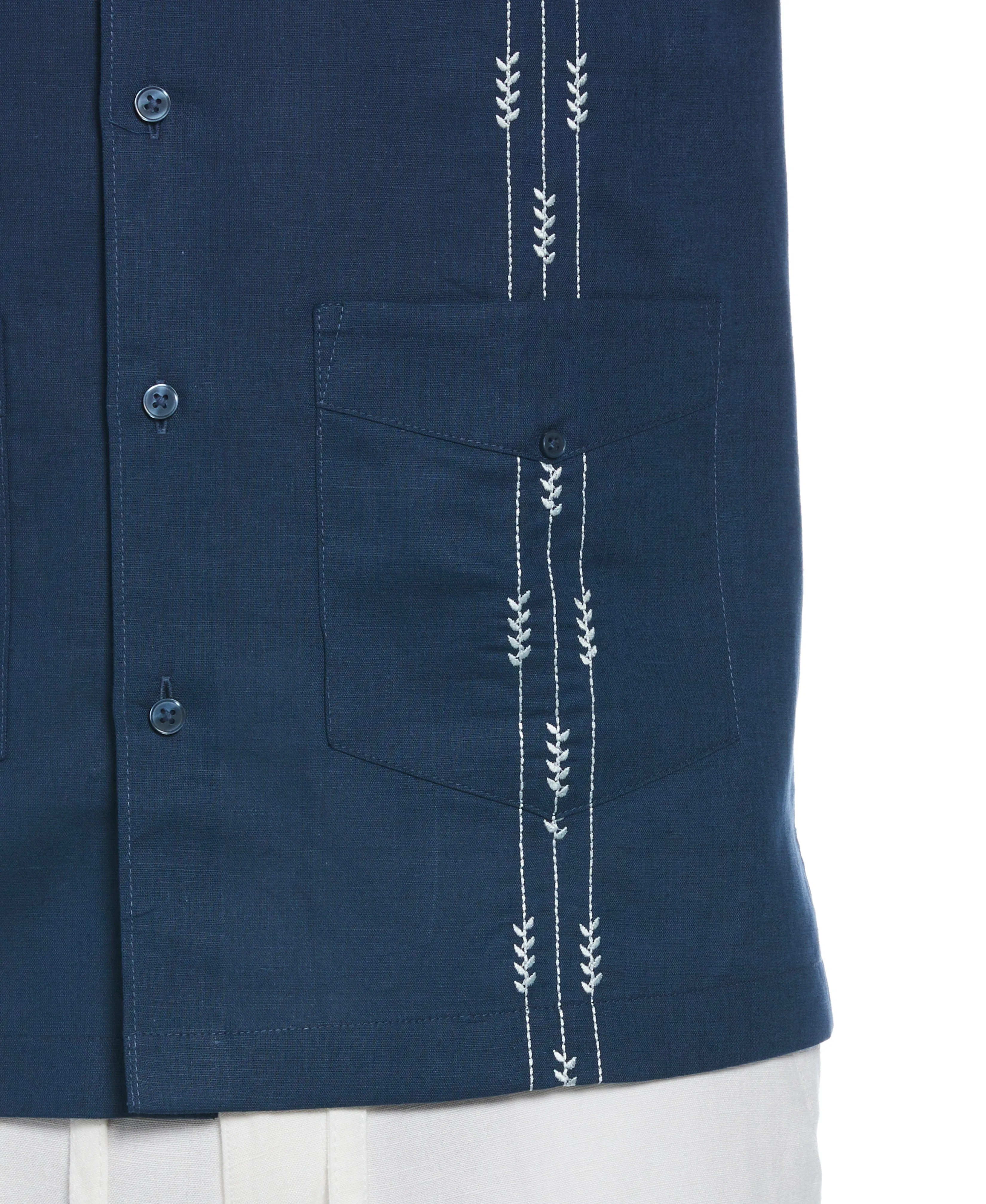 Linen Blend Leaf Embroidery Panel Guayabera Shirt