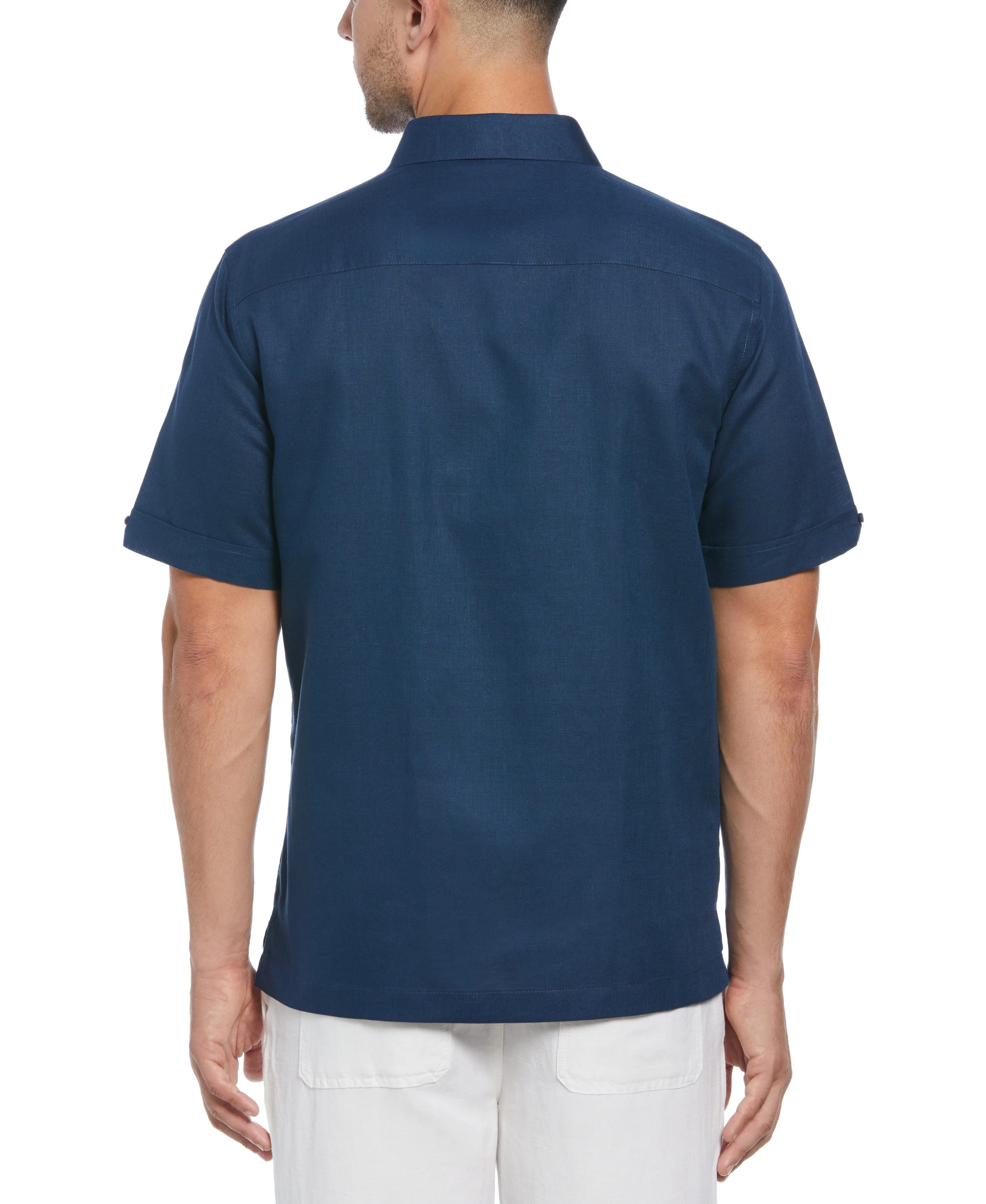 Linen Blend Leaf Embroidery Panel Guayabera Shirt