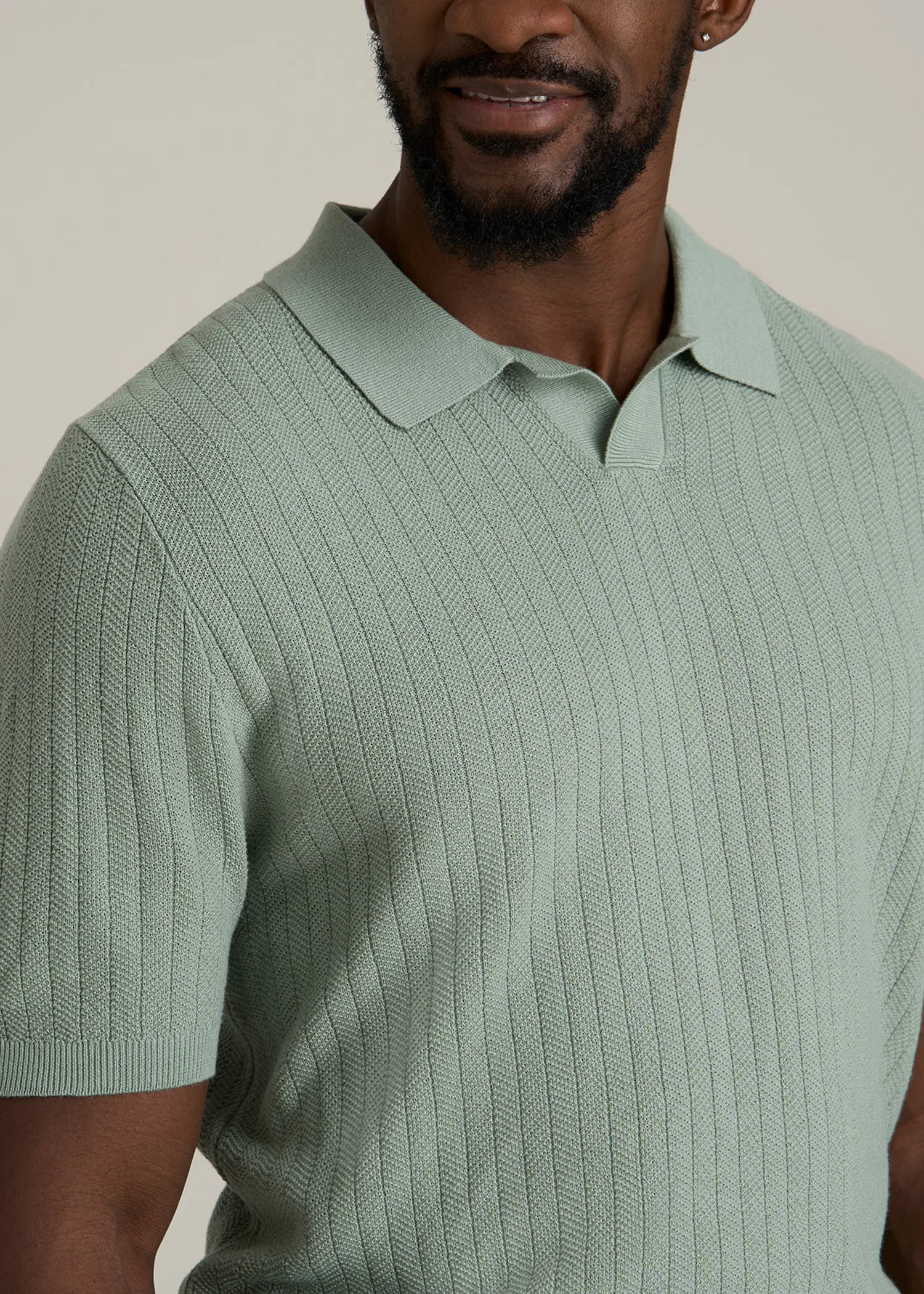 Linen Blend Ribbed Knit Polo Shirt for Tall Men in Seagrass