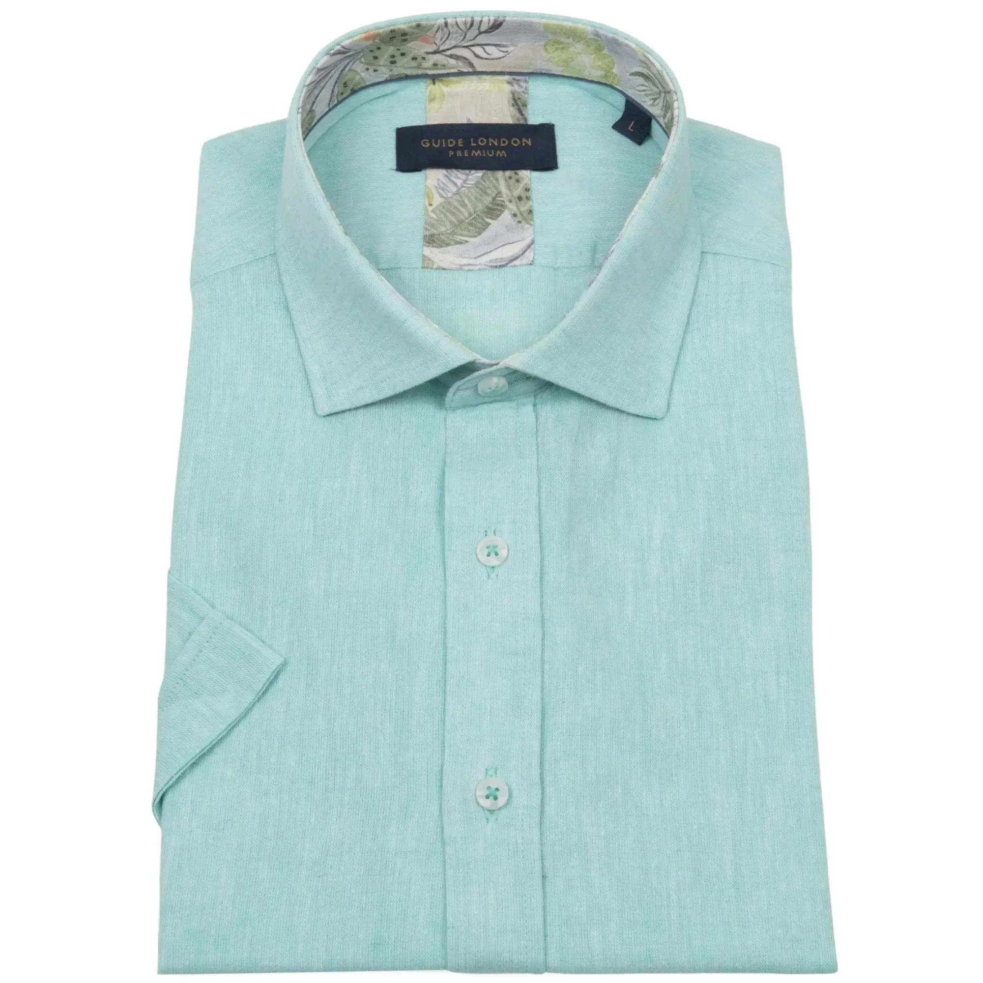 Linen Blend Short Sleeve Shirt - Turquoise