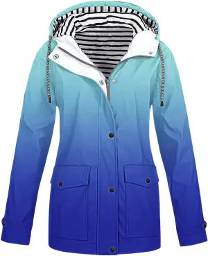 Lmdudan Women Rain Jacket with Hood Gradient Waterproof Lightweight Raincoat Zip Up Travel Hiking Windbreaker Outdoor Coats