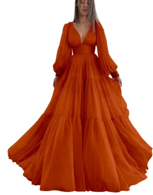 Long Puffy Sleeve Prom Dress V Neck Empire Waist Ball Gown Tulle Formal Evening Gowns for Women Formal